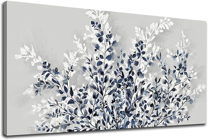 NINEASO Botanical Flowers Wall Art - Indigo Blue and White Floral Canvas Pictures Spring Blooming Painting Gray Background Printing Artwork Living Room Bedroom Home Office Wall Decor 24" x 48"