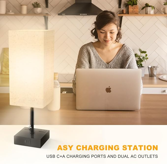 Table Lamp for Bedroom with USB,Bedside Lamp with USB C+A Charging Ports,Adjustable 3color LED Light for Home Decor/Nightstand/Office,Included Bulb and Fabric Lamp Shade (Linen White, 1PCS)