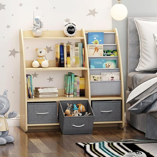 Kids Bookshelf Wood Toy Storage Organizer Cabinet Children Bookcase Toddler Baby Sling Book Rack 3 Cube Bins Sail Boat Arc Shape for Playroom Bedroom Nursery Classroom