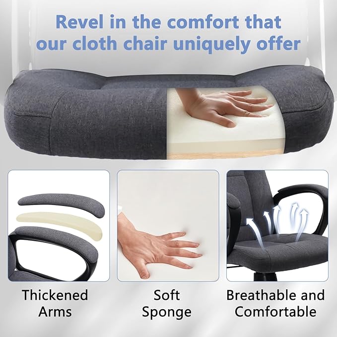 CLATINA Grey Fabric Office Chair Breathable Executive Desk Chairs, Cloth Comfortable Ergonomic Adjustable Height Mid Back Swivel Rolling Computer Task Chair for Home Office, Conference, Study, Work