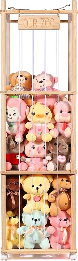Stuffed Animal Storage & Organizer, Wooden Stuffed Animal Zoo, Large Toy Storage Organizer & Holder, Plush Toy Display Tower Shelf with Wheels for Toddler Rooms, Playrooms & Kids Bedrooms