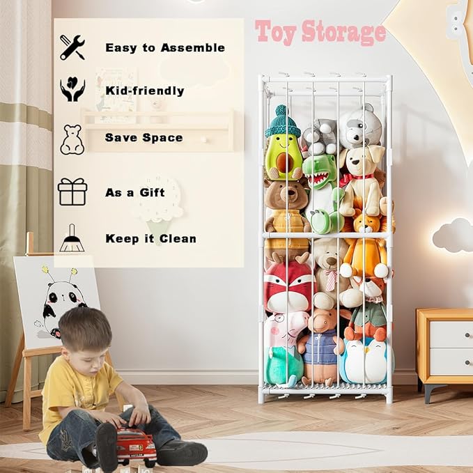 Stuffed Animal Storage Zoo Toy Organizer Corner Chest Plush PVC Material Extra Large Holder Metal Standing Space Save Vertical With Elastic For Nursery Kids Room,White（Medium） (White, Medium)