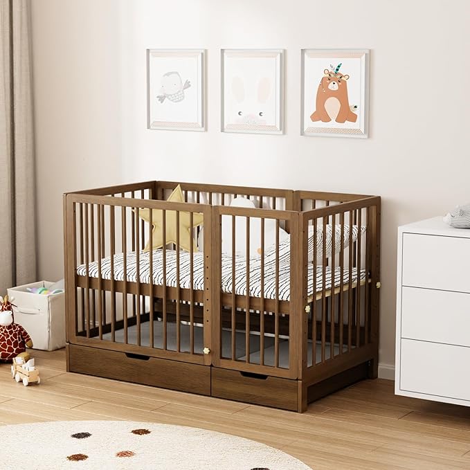 JOYMOR 8 in 1 Convertible Crib with Changer, Include 2” Mattress, Converts to Bassinet, Mid Crib, Full Size Crib, Daybed,Toddler Bed and Playard (Crib with Drawer, Honey Wood)