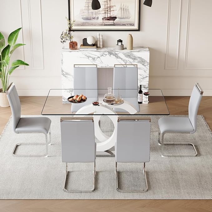 63'' Glass Dining Table Set for 6, Kitchen Table Chairs Set of 6, Clear Glass Dining Table with White unique design Leg and Silver Metal Base, 6 PU Dining Chairs with Metal Legs, Living Room, Kitchen.