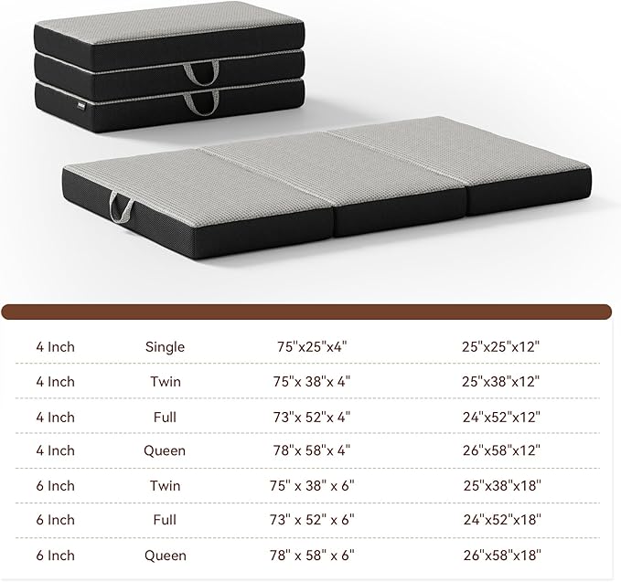 Memory Foam Trifold Mattress - Full Portable Floor Bed 6 Inch, Foldable Mat with Washable Cover, Handle & Non-Slip Bottom, for RV, Travel, Camping, Yoga, 73"x52"x6"
