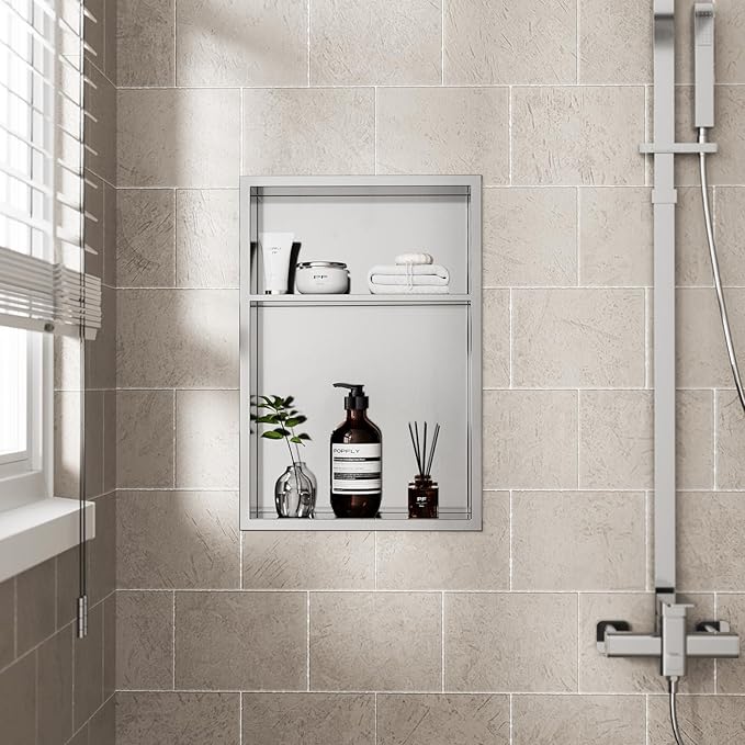 POPFLY 12"x18" 2-Tier Shower Niche Organizer, Stainless Steel Recessed Wall Shelf Inserts - No Tile Needed Double Shelves Bathroom Storage No Drill, Brushed Nickel