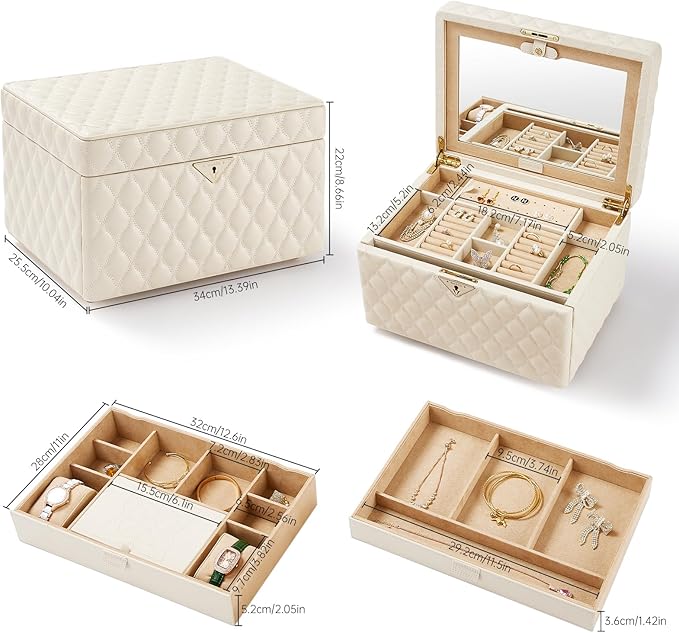 Vee Jewelry Box, 3-Layer Jewelry Case Diamond Quilted Leather Jewelry Organiser with Drawers,Jewelry Storage with big Mirror,Multipurpose Use with Key Lock,Gift Idea (beige, Large-13.39*10.04*8.66in)