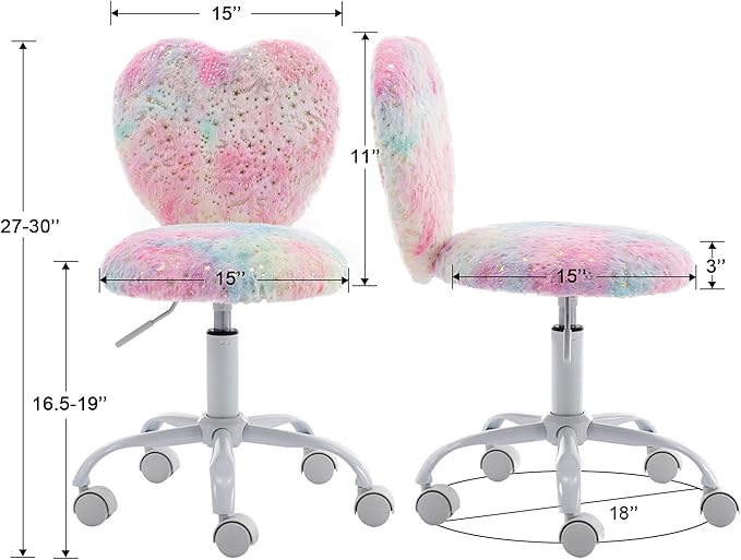 Small Kids Chair, Cute Heart Girls Desk Chair, Rolling Study Chairs Furry Pink Computer Chairs, Faux Fur Swivel Vanity Chairs for Children Bedroom/Study, Colorful