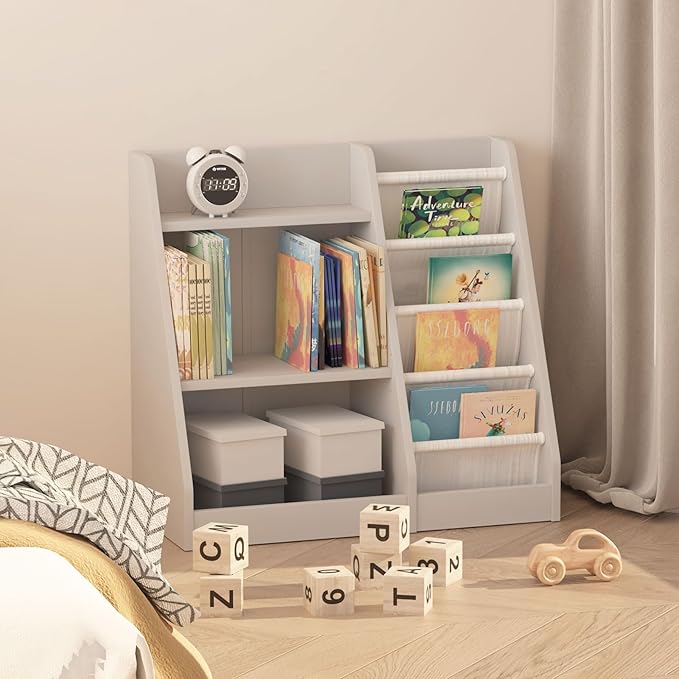 Gray Nursery Bookshelf for Kids 3 Tier Wood Shelf 4 Sling Baby Toddler Bookcase Book Rack with Adjustable Shelf for Boy Girl’s Gift Bedroom Playroom Nursery Classroom Church Kindergarten
