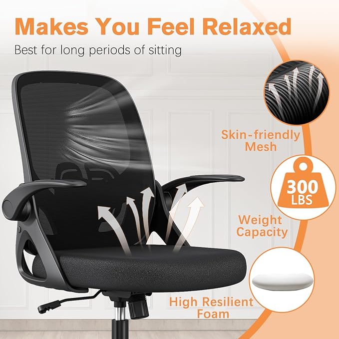 Home Office Desk Chair with Supportive Lumbar Support and Flip up Arms, Breathable Double Mesh Ergonomic Home Desk Chair for Home or Work with Extended Height(Black)