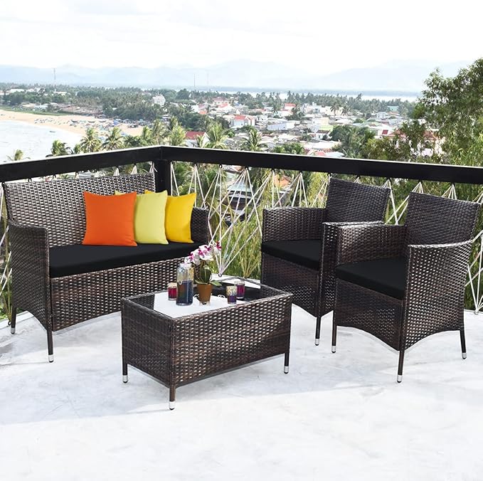 Tangkula 4 Pieces Patio Rattan Conversation Set, Outdoor Wicker Furniture with Tempered Glass Coffee Table & Thick Cushion, Rattan Chair Wicker Set for Garden, Lawn, Poolside and Backyard (1, Black)