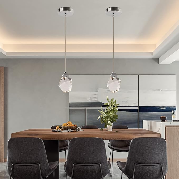 Modern Dimmable Pendant Light Fixtures, Single Crystal Hanging Lamp, Small Round Chrome Chandelier for Dining Room Living Room Bedroom Bathroom Kitchen Island (Round 1-Light)