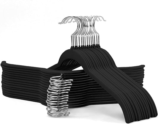 30 Pack Velvet Shirt Hangers, Non-Slip Slim Flocked Clothes Hanger with 360° Swivel Hook, Space-Saving Felt Hangers for Coats, Sweaters, Blouses, Tank Tops(Black)