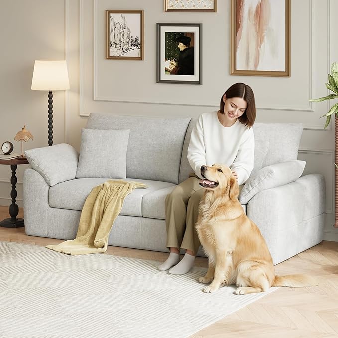 90" Boneless Loveseat Sofa, Cloud Foam Couch, 3 Seater Upholstered Midcentury Mondern Love Seat, Wide Armrest and 4 Pillows for Home Living Room/Small Spaces, No Assembly Required, Beige