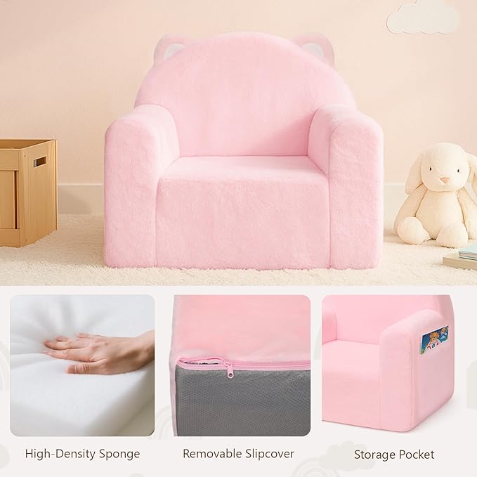 MONKISS Comfy Toddler Chair, Cute Toddler Foam Couch, High Back Kids Reading Armchairs, Birthday Gifts for Boys and Girls, 1-6 Years Old, SF07, Pink Cat