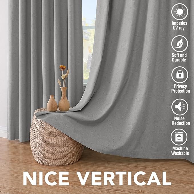 H.VERSAILTEX Linen Blackout Curtains 63 Inches Long 100% Blackout Thermal Insulated Textured Linen Look Curtain Draperies Anti-Rust Grommet, Energy Saving with White Liner, 2 Panels, Dove Gray