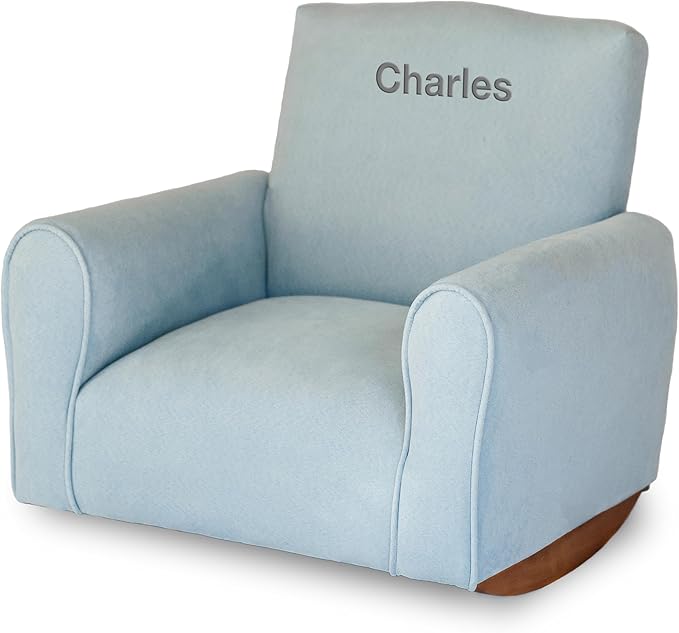 Toddler Personalized Armchair, Kids Upholstered Rocking Chair with Personalization, Toddler Chair with Personalized Name, Comfy Child Armchair, (Light Blue Suede, Rockers)