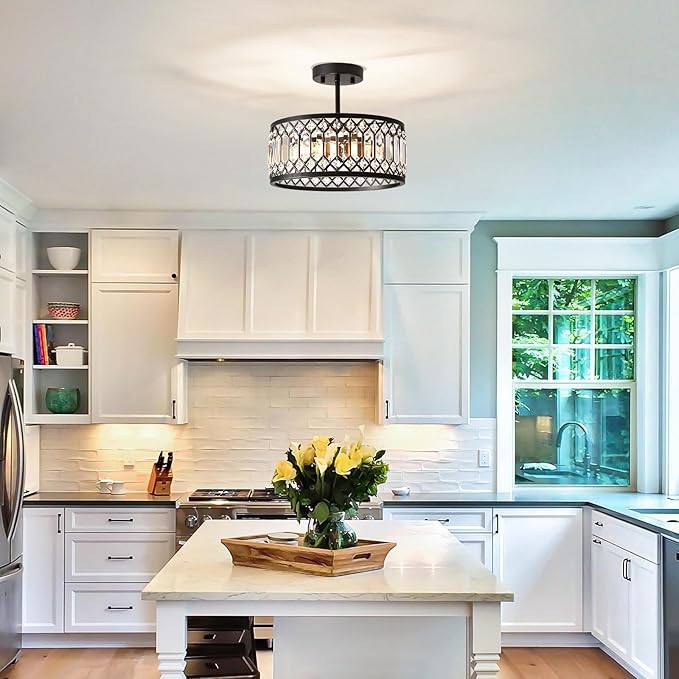 Crystal Black Ceiling Light, Modern Semi Flush Mount Ceiling Lighting Fixture, Round Hallway Lighting Fixtures Chandelier for Kitchen Entryway Bedroom Dining Room, 3-Light, 12.2 Inch