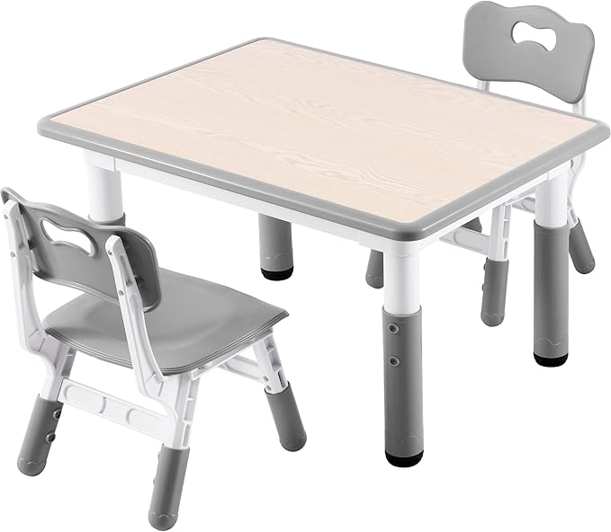 Kids Study Table and Chairs Set, Height Adjustable Toddler Table and Chair Set for Kids Ages 3-8, 31.5" L x 23.6" W Graffiti Desktop Plastic Children Art Table with 2 Seats, Grey