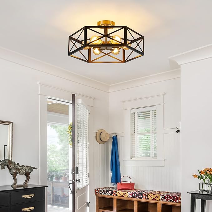 6 Light Semi Flush Mount Ceiling Light, Black Gold Ceiling Light, Industrial Hallway Light Fixtures Ceiling Mount, Modern Metal Hexagon Cage Ceiling Lamp for Kitchen, Bathroom