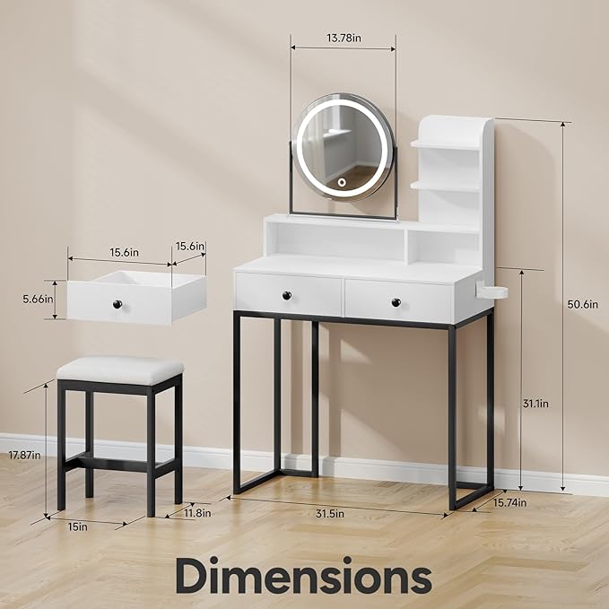 Small Vanity Desk with Mirror for Bedroom: Compact Makeup Table Set with Lights - 31.5 inch White Dresser Vanities with Chair for Girls