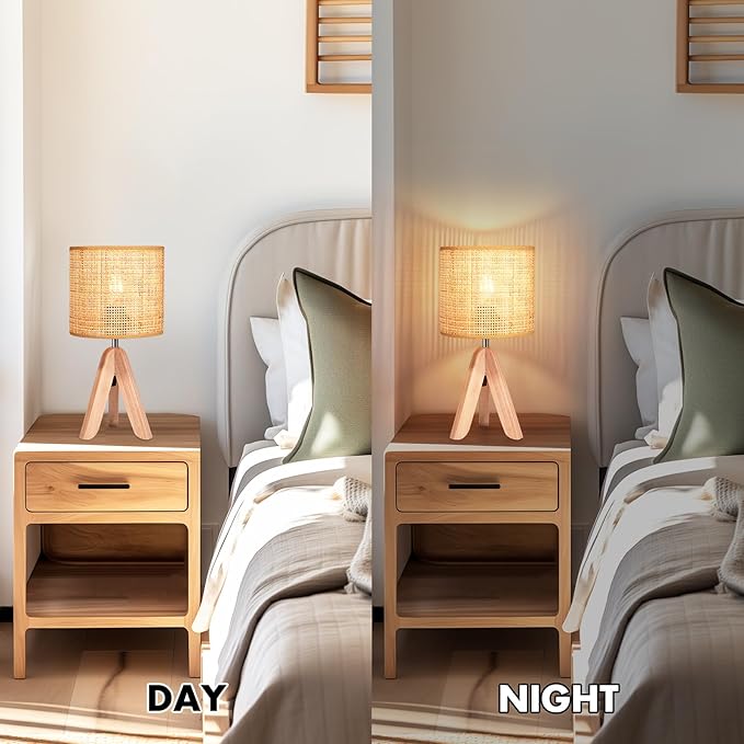 Hamilyeah Tripod Lamps for Night Stands Set of 2, Boho Bedside Lamps with Wicker Shade, Woven Table Lamps for Living Room with On/Off Switch, Wood Desk Lamps for Bedroom