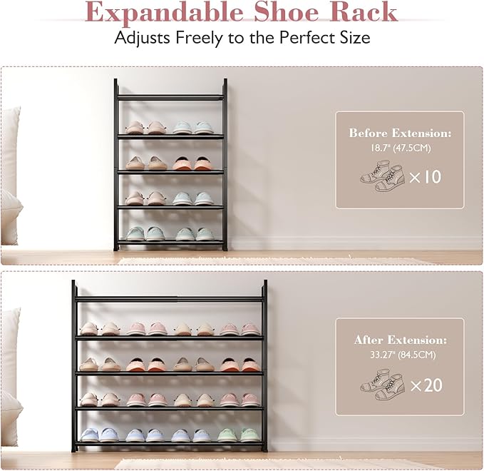 Bumusty 5-Tier Expandable Shoe Rack for Closet, 18“-33” Adjustable Shoe Rack for Small Space, Small Shoe Organizer for Front Door, Sturdy Metal (Black)
