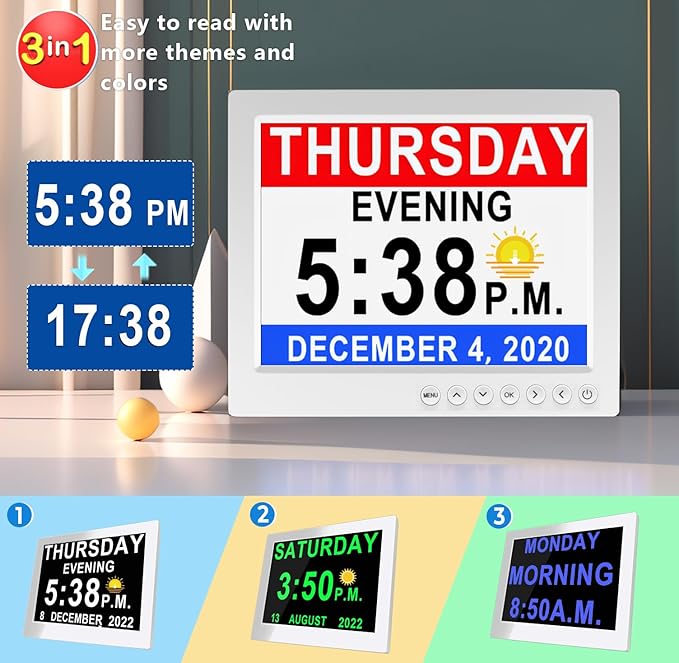 MASSII 8 Inch Extra Large Upgraded Dementia Clock 19 Alarms with Auto DST, 20 Custom Reminders,10-Level Auto Dimmer, 6 Display Modes, Digital Clock with Date and Time, 8" White with Remote