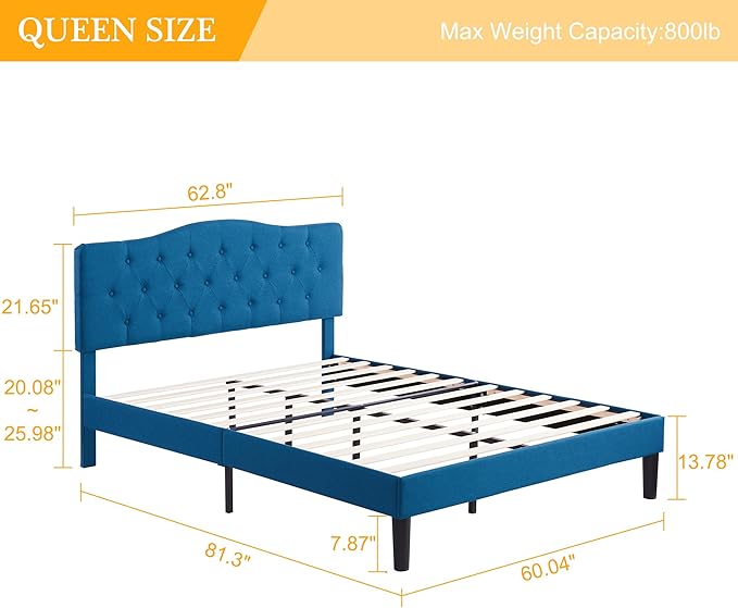 VECELO Queen Size Bed Frame Upholstered Platform with Tufted Adjustable Headboard/Mattress Foundation with Wood Slat Support, Easy Assembly,Blue
