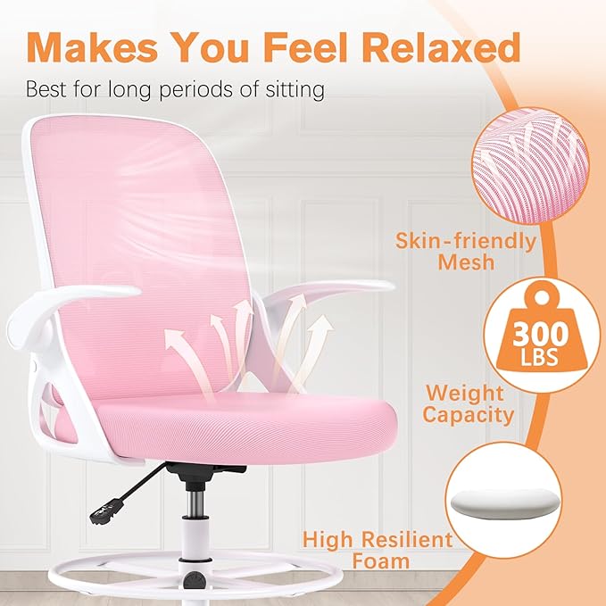 Tall Drafting Chair with Lumbar Support and Footrest Ring, Supportive Tall Extended Height Ergonomic Desk Chair for Home Work, Breathable Mesh Office Chair with Flip up Arms(Pink)