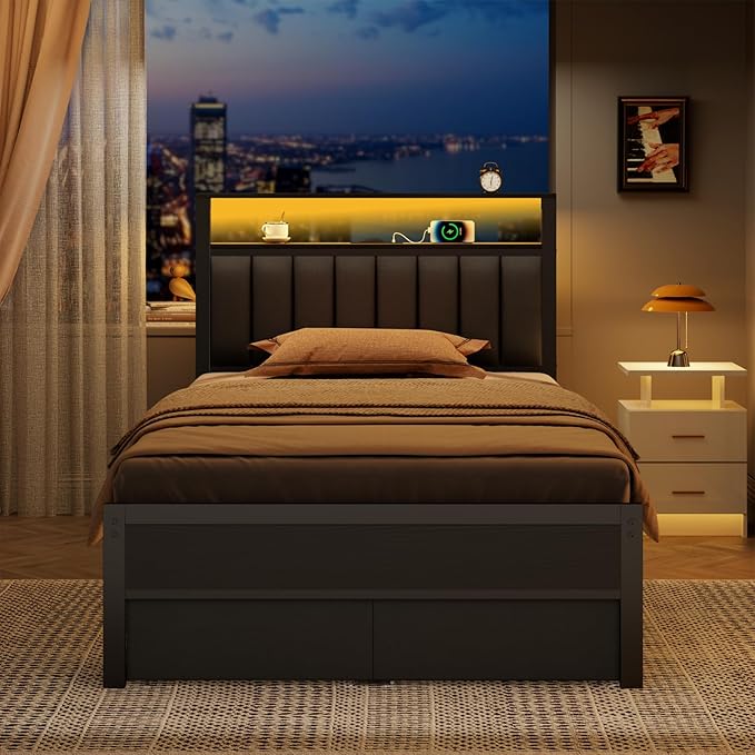 Furnulem Twin Bed Frames with Charging Station and LED Lights, Grey Upholstered Headboard with Shelves, Metal Platform Bed with 2 Under-Bed Storage (Fabric Drawer on Wheels), No Box Spring Needed