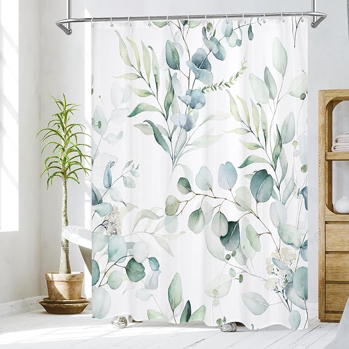 MitoVilla Sage Green Spring Floral Shower Curtain, Modern Plants Botanical Fabric Cloth Shower Curtains for Chic Elegant Bathroom Decor, Watercolor Eucalyptus Leaf, 72x72