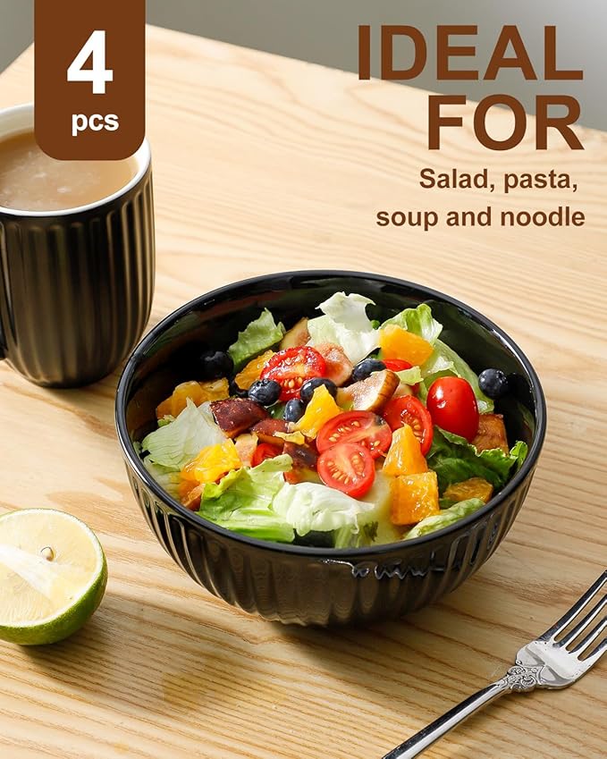 Hasense 7 Inch Large Serving Bowls Set of 4, 42 Oz Black Ceramic Salad Bowl for Kitchen,Modern Ribbed Porcelain Dishes for Entertaining,Soup,Pho,Pasta,Cereal, Noodle - Dishwasher & Microwave Safe