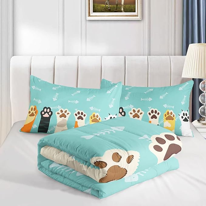 Cat Paws Comforter Bedding Set for Kids Teens,Cartoon Cat Paws and Fish Bones Pattern Lightweight Cyan Comforter with 2 Pillowcases,3pcs(Cat Paws Full)