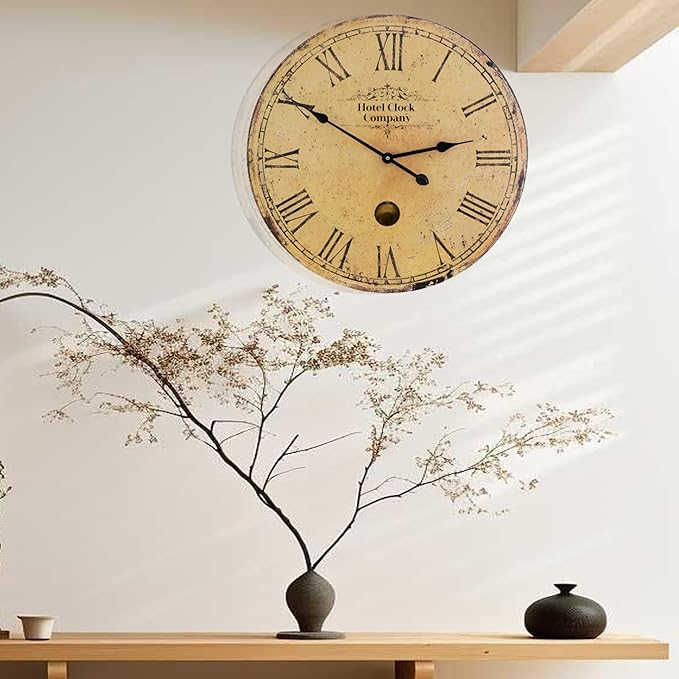 23 Inch Rustic Farmhouse Wall Clock, Solid Wood Silent Non-Ticking, Battery Operated Decorative Clock for Living Room, Kitchen, Bedroom, Office and Home Decor