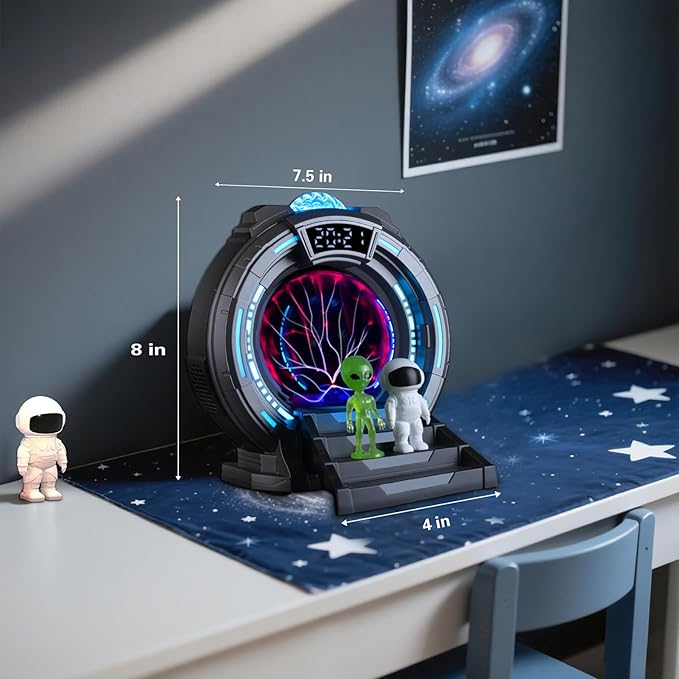 Space Portal Plasma Ball Night Light, LED Galaxy Projector Alien Lamp with White Noise, Bluetooth Music Speaker Alarm Clock,Remote,Star Light for Kids Room Decor Lamp, Christmas/Birthday Gift.(Gray)