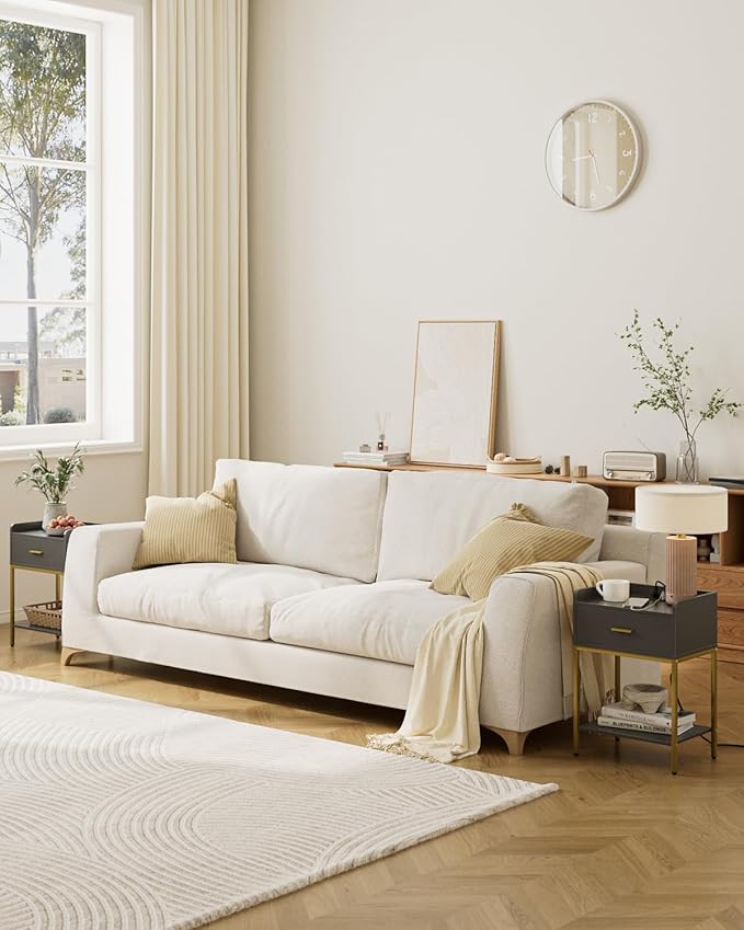 Masupu Nightstand with Charging Station,3-Tier Modern Bedside Night Stand with Storage Drawer and Shelf,Small End Side Table for Bedroom,Living Room,Grey