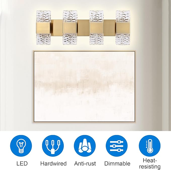 MELUCEE 4 Lights Bathroom Vanity Light Fixtures Modern LED Vanity Lighting Fixture Brass Crystal Vanity Light Bar 32W LED Wall Mounted Lamp Above Mirror Sink Dressing Table, 3000K Warm Lighting