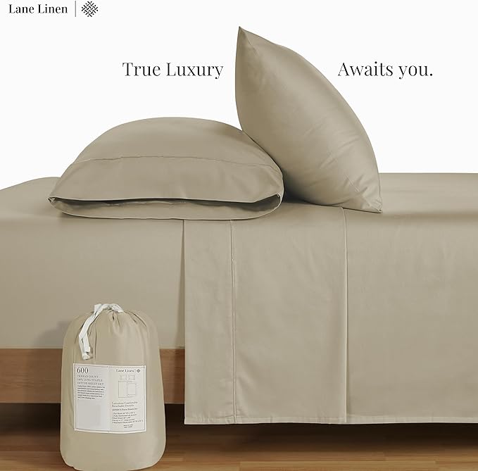 LANE LINEN Queen Size Bedding Set – 100% Cotton Queen Size Bed Set with 600 Thread Count, Soft & Cooling Fabric, Value Bedding for Daily Use, Hotel Sateen Finish, 15" Deep Pocket – Linen