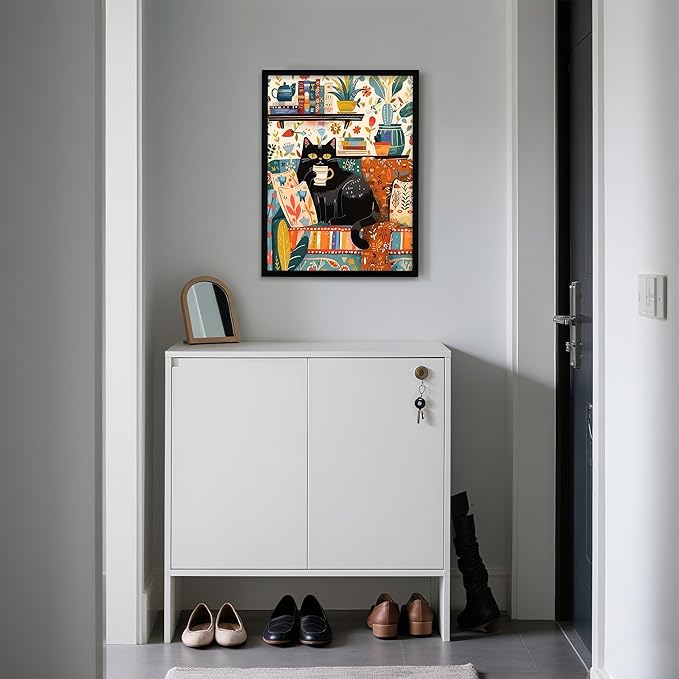 Framed Vintage Cat Canvas Wall Art, Funny Pink Animal Reading Books Painting Picture Print, Cute Kitten Lovers Aesthetic Wall Decor for Nursery Girls Room Bedroom Kids Room 16''L x 12''W