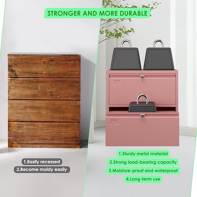 Metal 2 Drawer Lateral File Cabinet with 2 Lock - Wide Filing Cabinet for Letter/Legal/F4/A4 Hanging Files - Includes Business Card Holder,Home Office School Storage,Pink