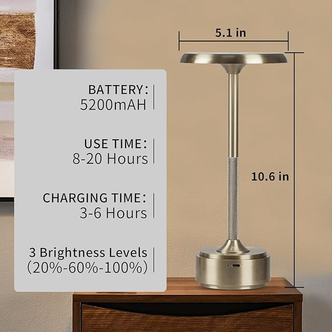 Small Table Lamp With 5200mah Battery - Rechargeable Desk Lamp For Cozy Nights, Usb-C Fast Charging & Stepless Dimming, Cordless Table Lamp With 3 Lighting Modes For Bedroom, Office & Travel(Silver)