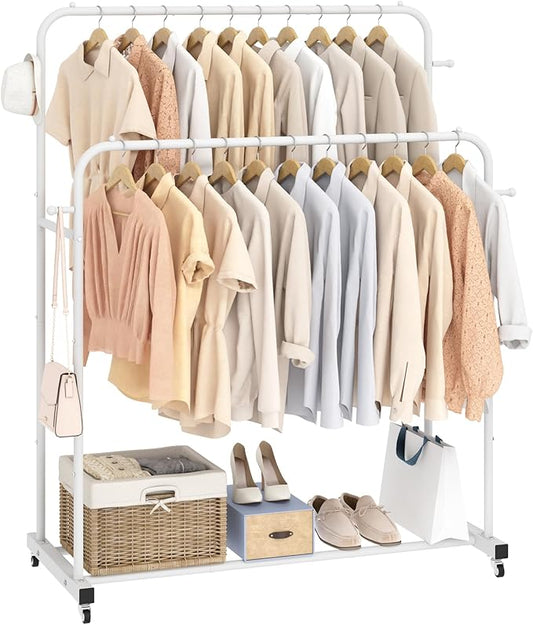 Laiensia Double Rods Garment Rack with Wheels, Clothing Rack for Hanging Clothes,4 Hooks, Multi-functional Bedroom Clothes Rack, White