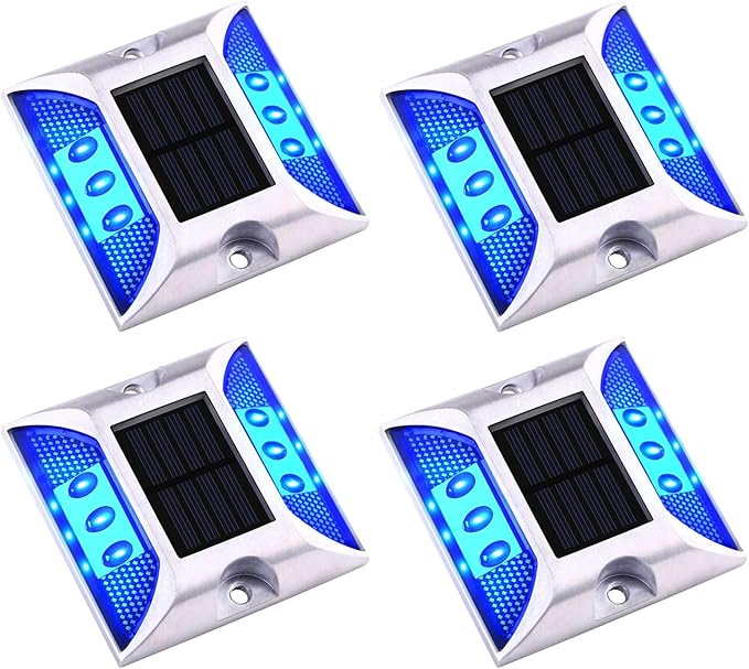 Aolyty Solar Dock Lights - IP68 Waterproof Outdoor Warning Step Lights, Reflective Road Marker for Sidewalk, Stair, Garden Pathway, Walkway (4 Pack, Blue)