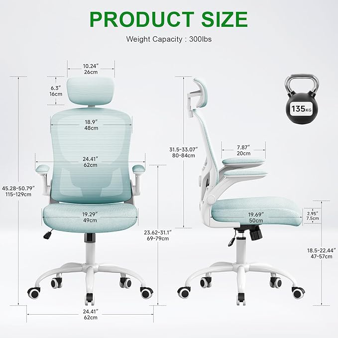 Multi-Adjustable Ergonomic Office Chair, Study Chair, Summer Mesh Comfortable High Back Chair, Headrest, Lumbar Support, Armrest, Seat Height.(White-Blue)