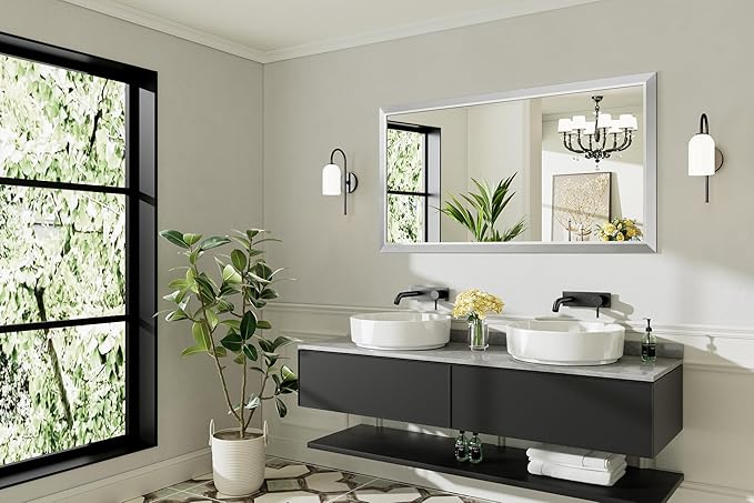 55x30 Inch Silver Bathroom Mirror for Wall, Thick Metal Framed Rectangle Mirrors for Over Sink, Bedroom, Living Room, Entryway, Anti-Rust, HD Tempered Glass