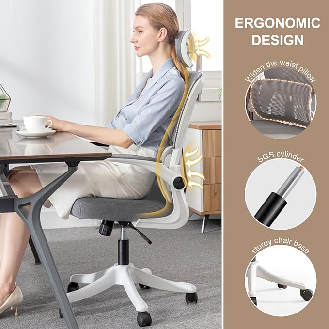 Ergonomic Office Chair Computer Desk Chairs with Flip-up Armrests and Lumbar Support, High Back Mesh Gaming Chairs Rolling Work Swivel Task Chairs with Adjustable Headrest