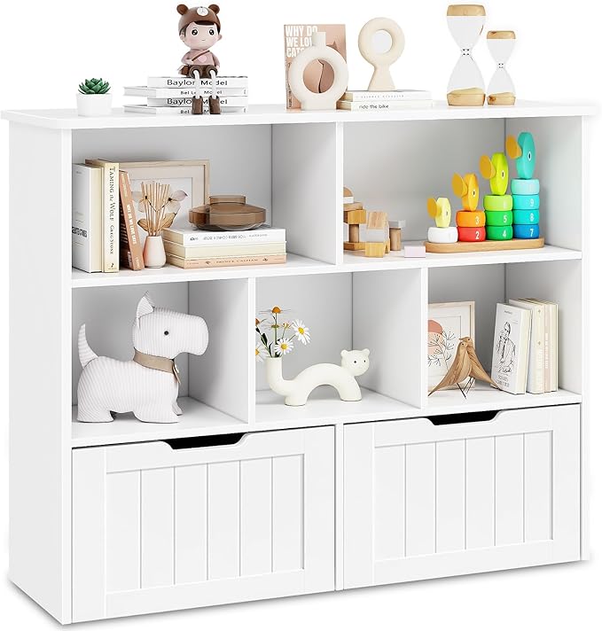 Toy Storage Organizer with Bookshelf, Large Toy Organizers and 2 Movable Drawers with Hidden Wheels and 5 Storage Cubbies, Kids Bookshelf and Toy Storage Chest, Playroom Furniture, White