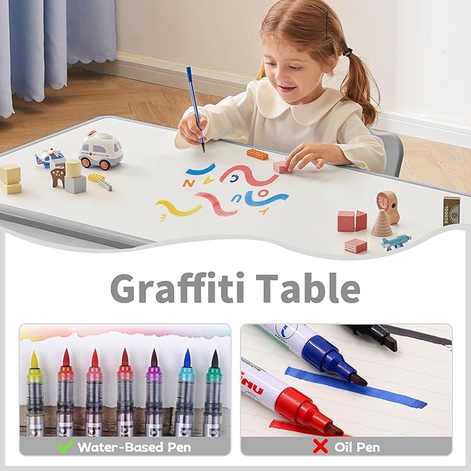 Adjustable Kids Table, Arts and Crafts Child Table with Graffiti Desktop, 7 Level Height Adjustable Children Table for Ages 3-8, Easy to Wipe Toddler Desk for Classrooms/Daycares/Homes