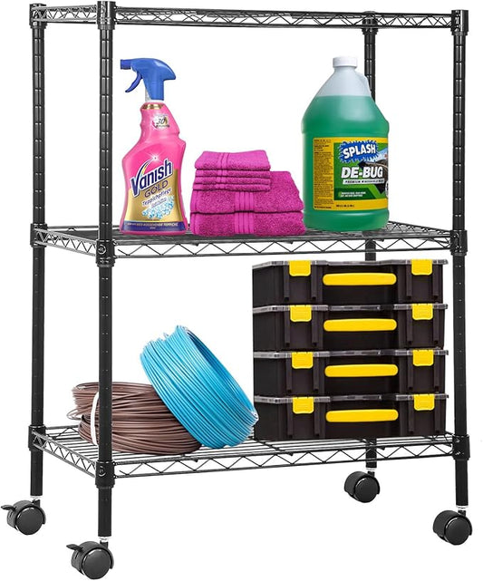 PayLessHere 3-Tier Adjustable Metal Storage Rack with Wheels Mesh Shelving Unit Heavy Duty Storage Shelving Unit,Black